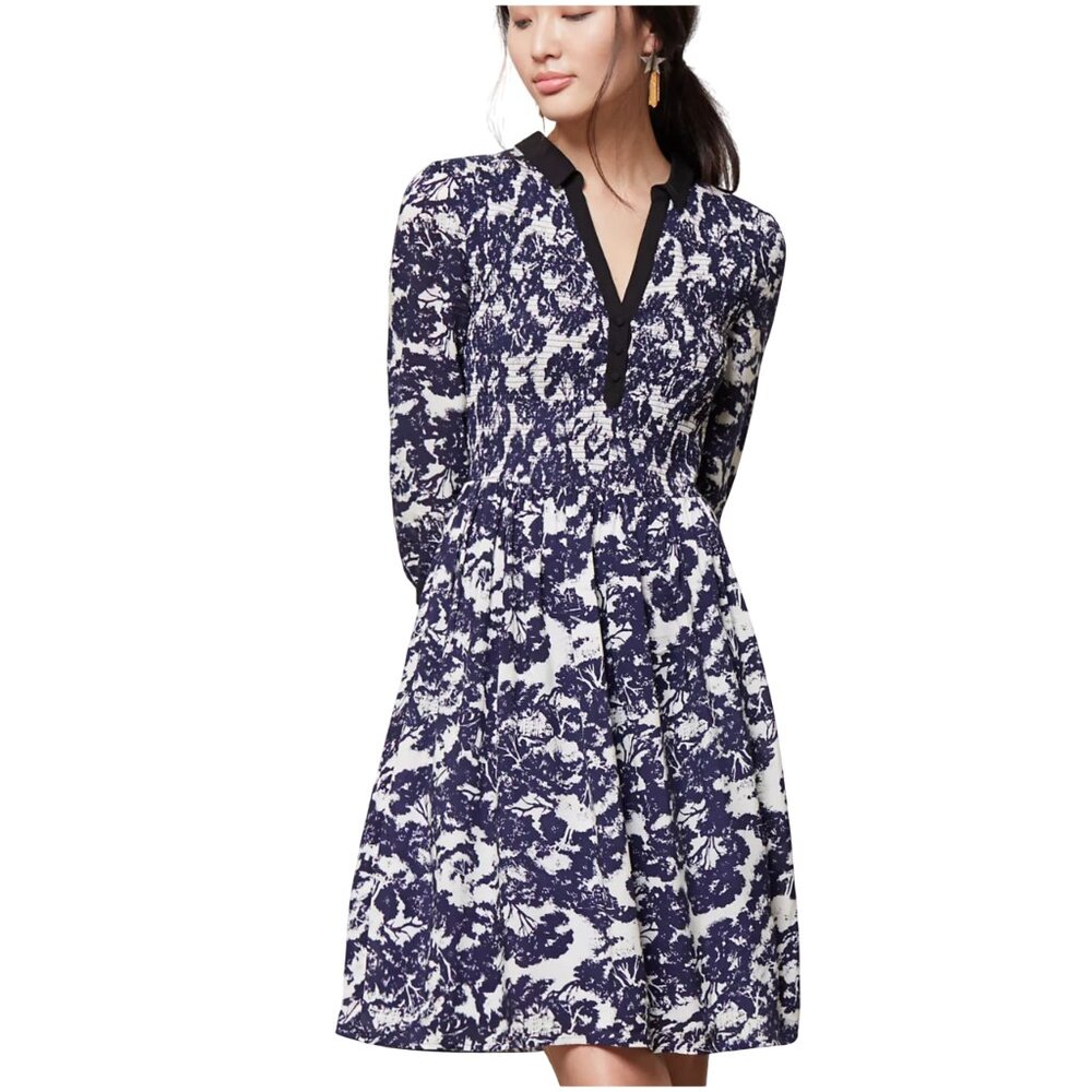 Anthropologie Navy & White Floral Long-Sleeve Smocked-Waist Dress